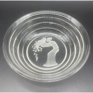 VTG Clear Glass Ribbed Bowl W/ Impressed Lady Holding Cornucopia 9.75” RARE